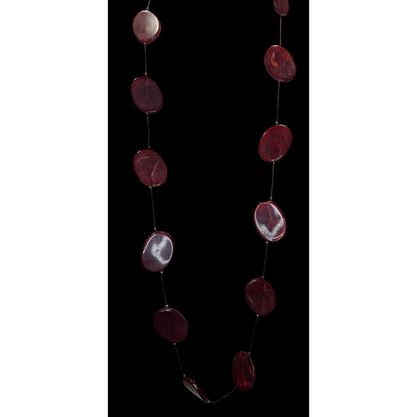 Boho Long Burgundy Lucite Station Necklace Swirl Oval Beads Artsy Retro Statement