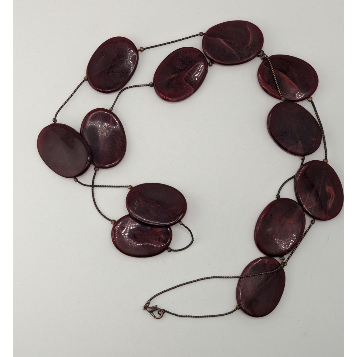 Boho Long Burgundy Lucite Station Necklace Swirl Oval Beads Artsy Retro Statement