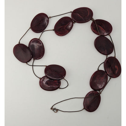 Boho Long Burgundy Lucite Station Necklace Swirl Oval Beads Artsy Retro Statement