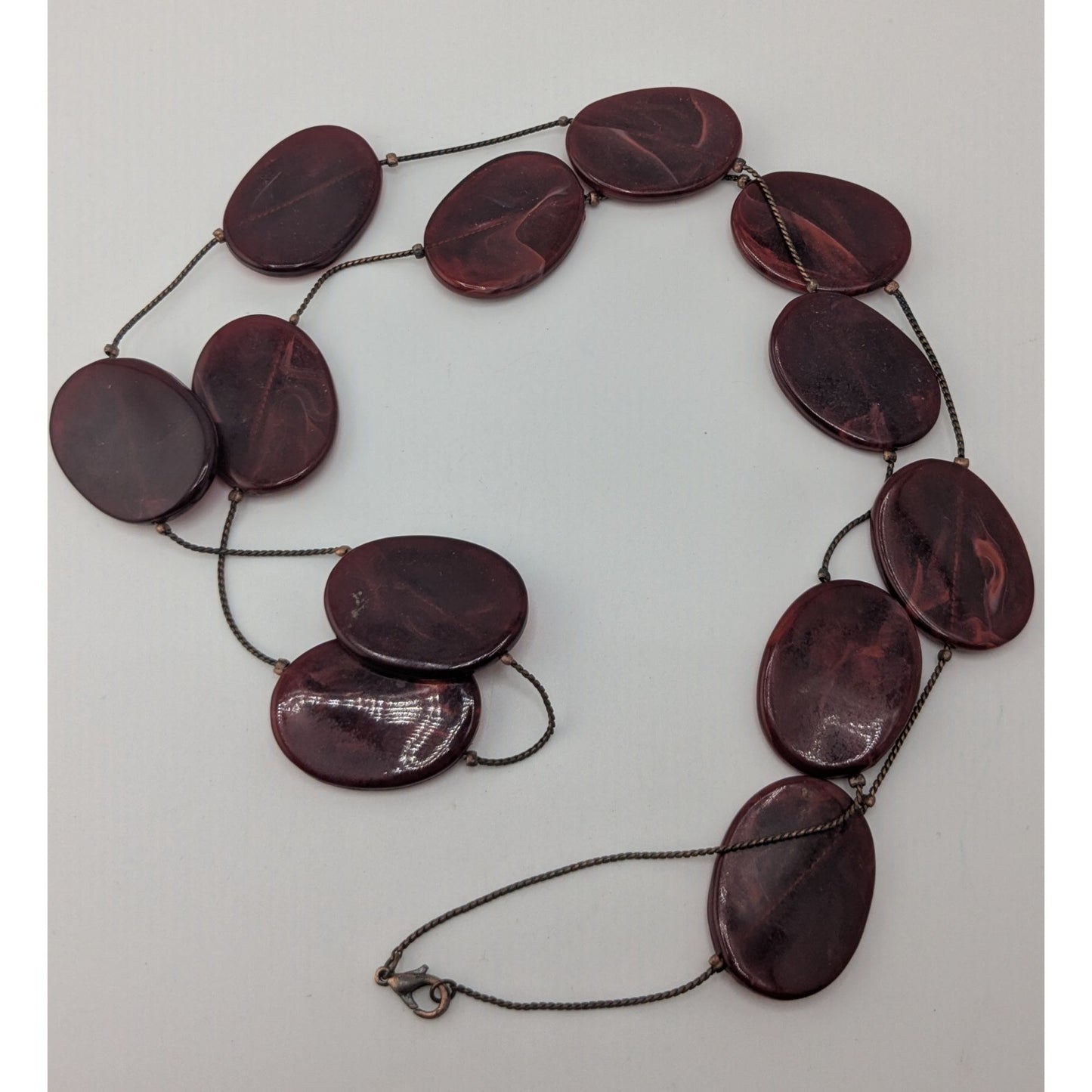 Boho Long Burgundy Lucite Station Necklace Swirl Oval Beads Artsy Retro Statement