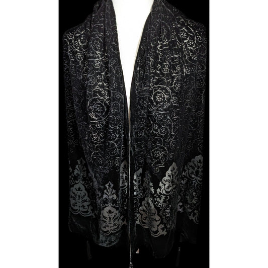 Vintage Gothic Damask Floral Velvet Burnout Scarf With Tassel Corners