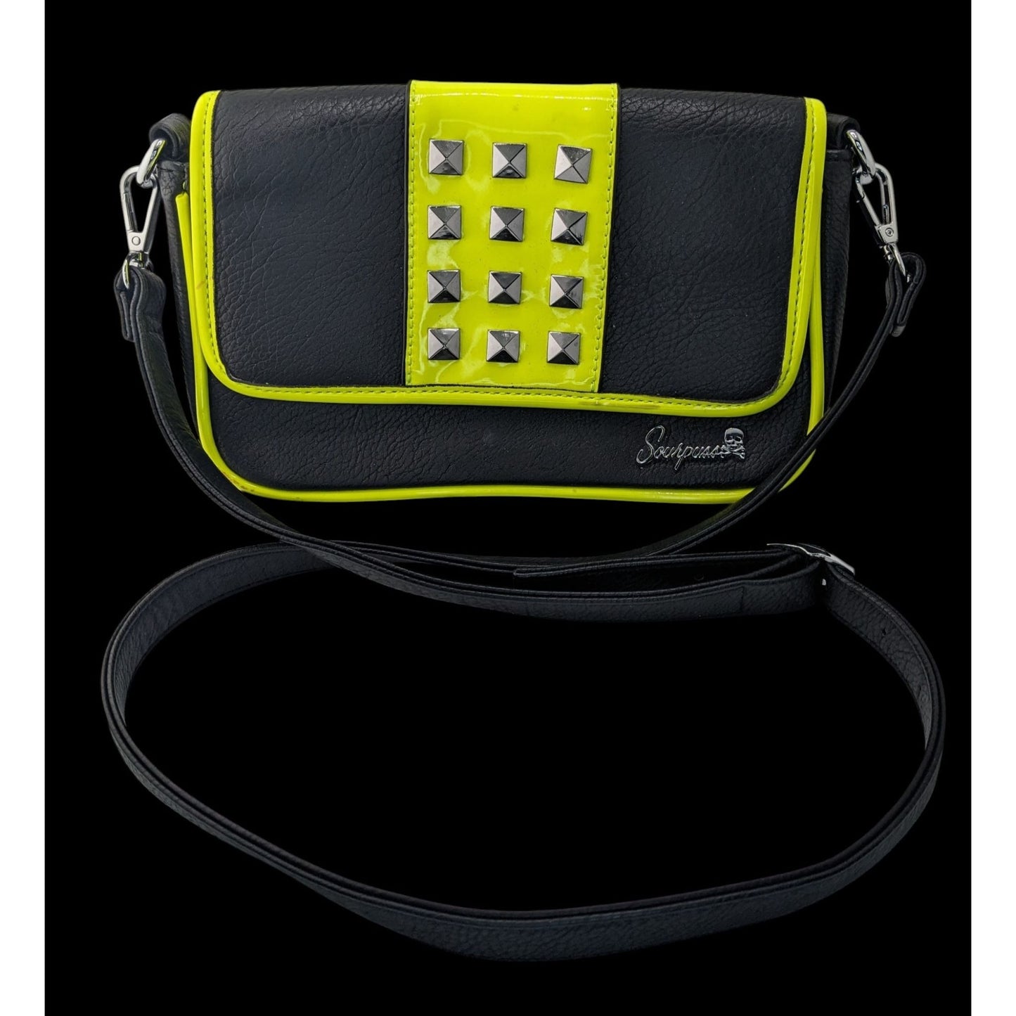 Sourpuss Black & Neon Yellow Studded Crossbody Purse Faux Leather Magnetic Flap 10"x6"x2" With Adjustable Strap