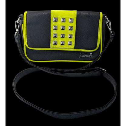 Sourpuss Black & Neon Yellow Studded Crossbody Purse Faux Leather Magnetic Flap 10"x6"x2" With Adjustable Strap