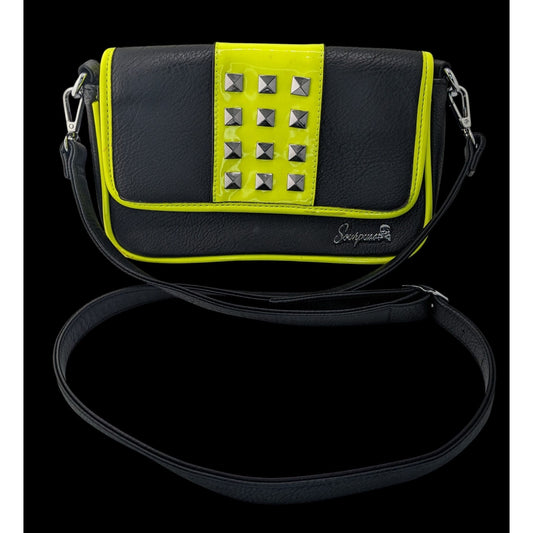 Sourpuss Black & Neon Yellow Studded Crossbody Purse Faux Leather Magnetic Flap 10"x6"x2" With Adjustable Strap