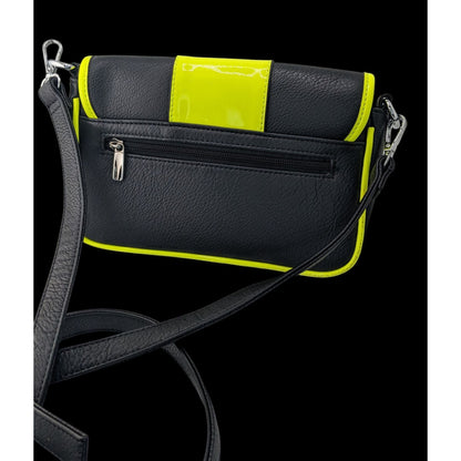 Sourpuss Black & Neon Yellow Studded Crossbody Purse Faux Leather Magnetic Flap 10"x6"x2" With Adjustable Strap