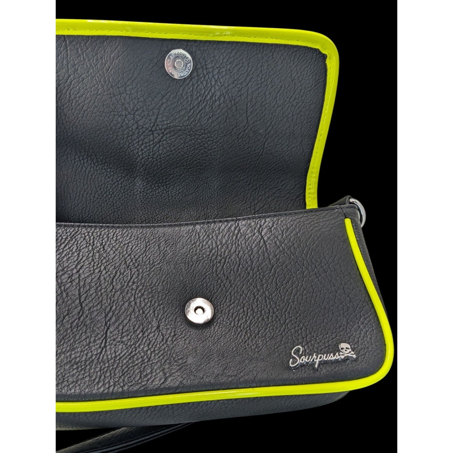 Sourpuss Black & Neon Yellow Studded Crossbody Purse Faux Leather Magnetic Flap 10"x6"x2" With Adjustable Strap