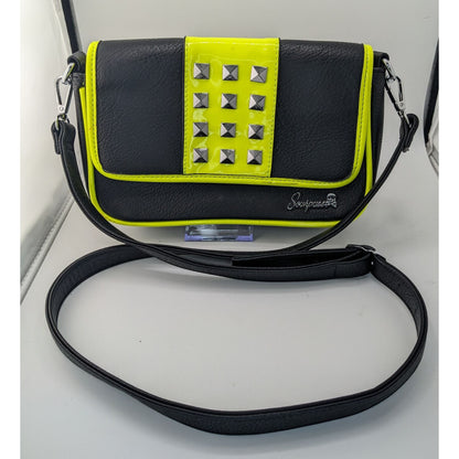 Sourpuss Black & Neon Yellow Studded Crossbody Purse Faux Leather Magnetic Flap 10"x6"x2" With Adjustable Strap