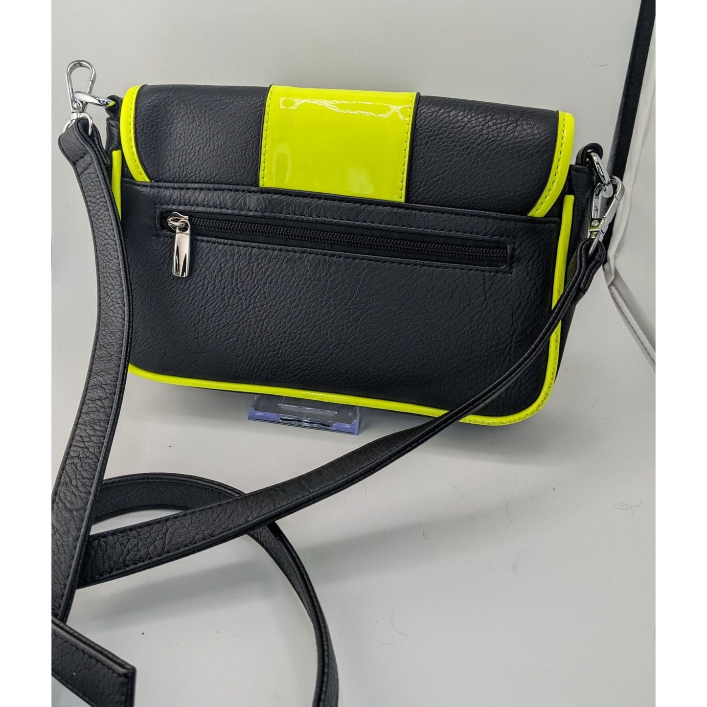 Sourpuss Black & Neon Yellow Studded Crossbody Purse Faux Leather Magnetic Flap 10"x6"x2" With Adjustable Strap