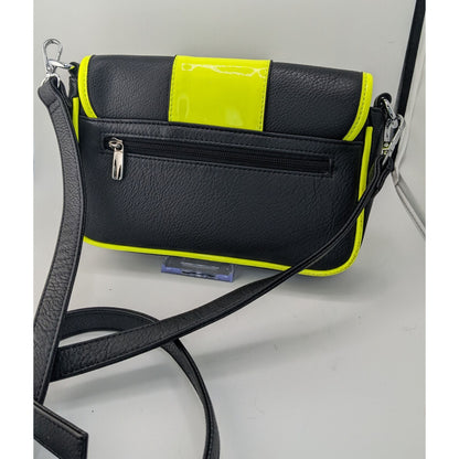 Sourpuss Black & Neon Yellow Studded Crossbody Purse Faux Leather Magnetic Flap 10"x6"x2" With Adjustable Strap