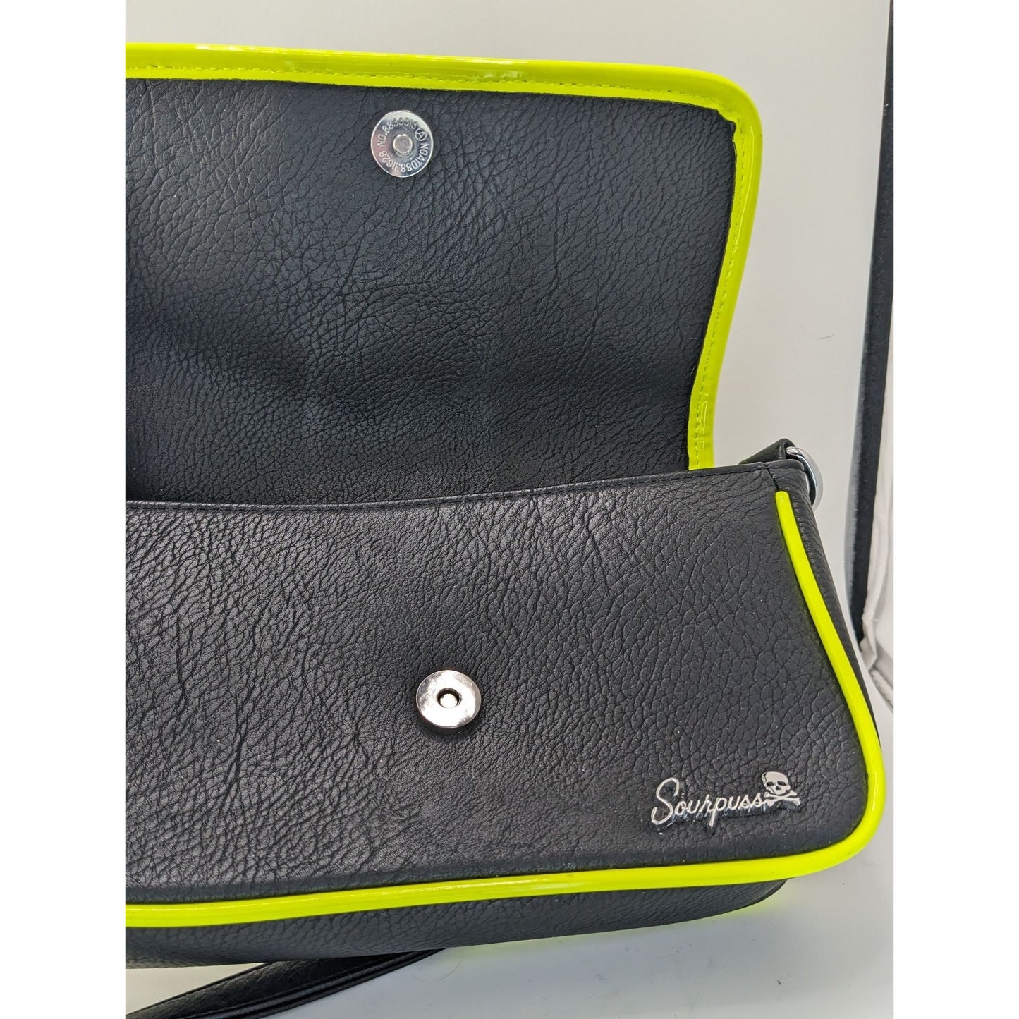 Sourpuss Black & Neon Yellow Studded Crossbody Purse Faux Leather Magnetic Flap 10"x6"x2" With Adjustable Strap