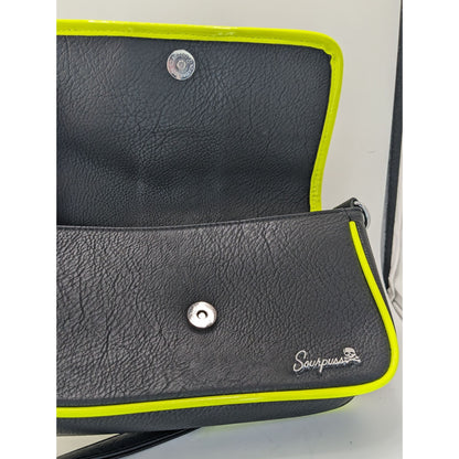Sourpuss Black & Neon Yellow Studded Crossbody Purse Faux Leather Magnetic Flap 10"x6"x2" With Adjustable Strap