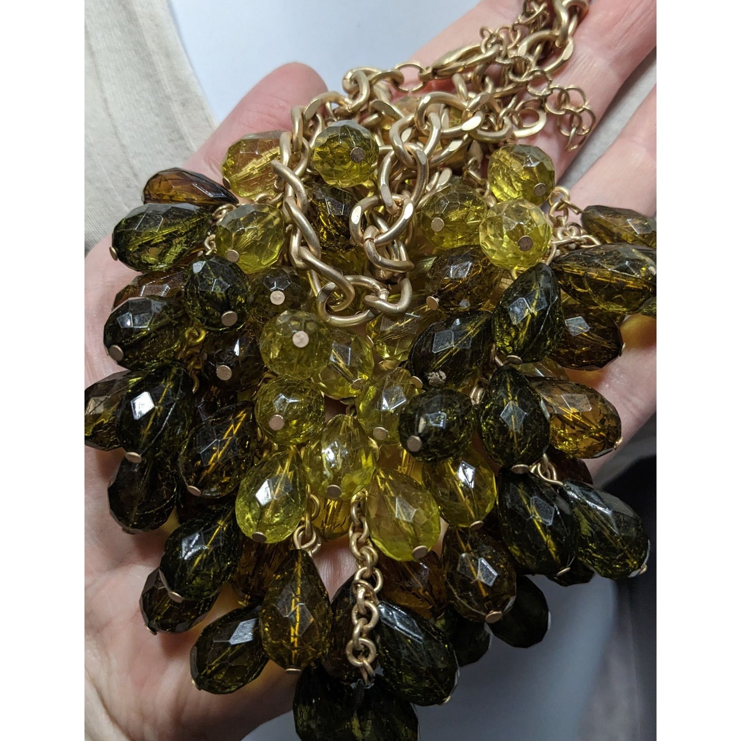 Loft Olive Tone Statement Necklace With Teardrop Beads And Gold Tone Chain