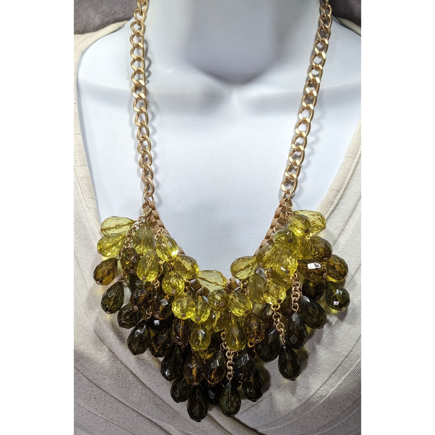 Loft Olive Tone Statement Necklace With Teardrop Beads And Gold Tone Chain