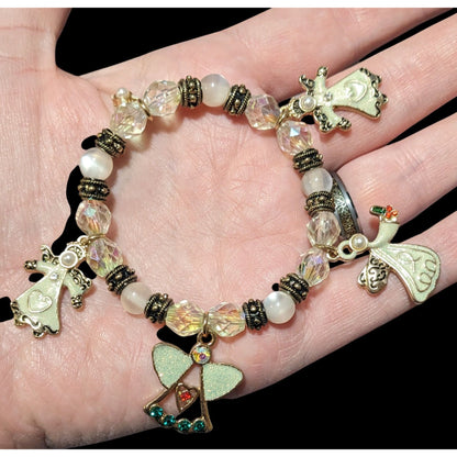 Angel Themed Gold Tone Cream Beaded Charm Stretch Bracelet