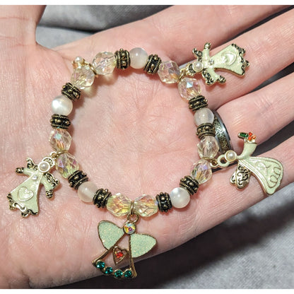 Angel Themed Gold Tone Cream Beaded Charm Stretch Bracelet