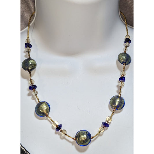 Antica Murrina Murano Necklace Murano Glass Beads Lobster Clasp 18 Inches Gold & Blue Authentic Design