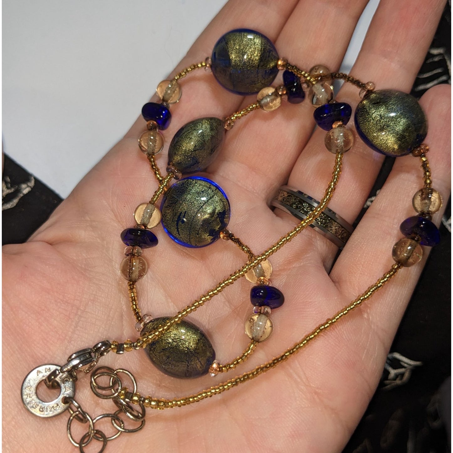 Antica Murrina Murano Necklace Murano Glass Beads Lobster Clasp 18 Inches Gold & Blue Authentic Design
