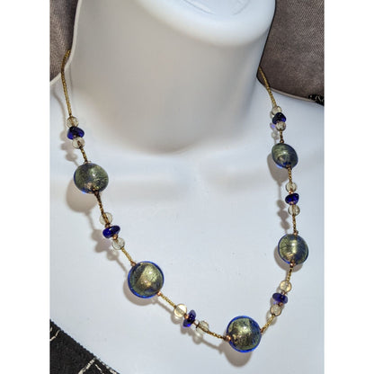 Antica Murrina Murano Necklace Murano Glass Beads Lobster Clasp 18 Inches Gold & Blue Authentic Design