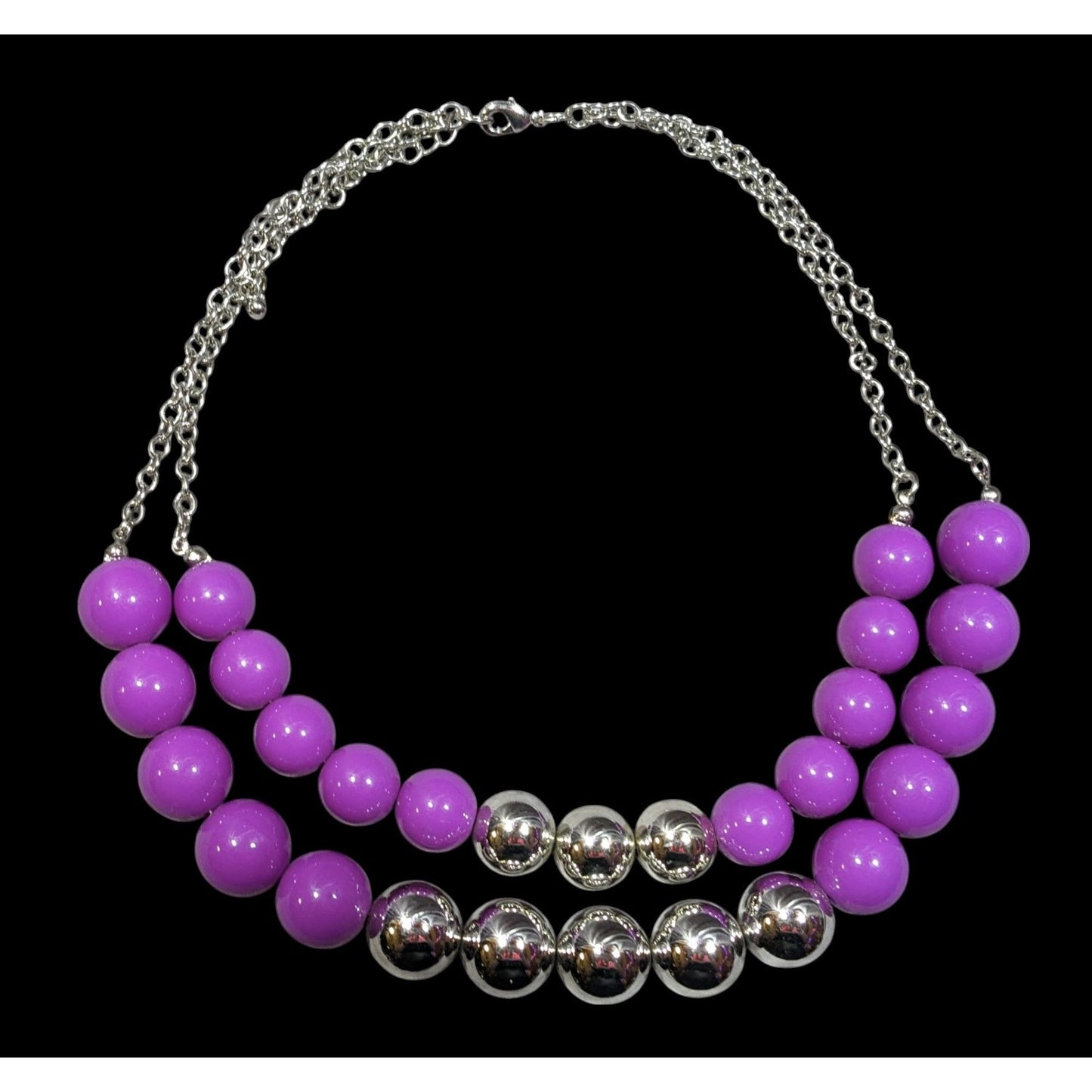 Retro 80s Style Purple And Silver Chunky Beaded Multilayer Necklace