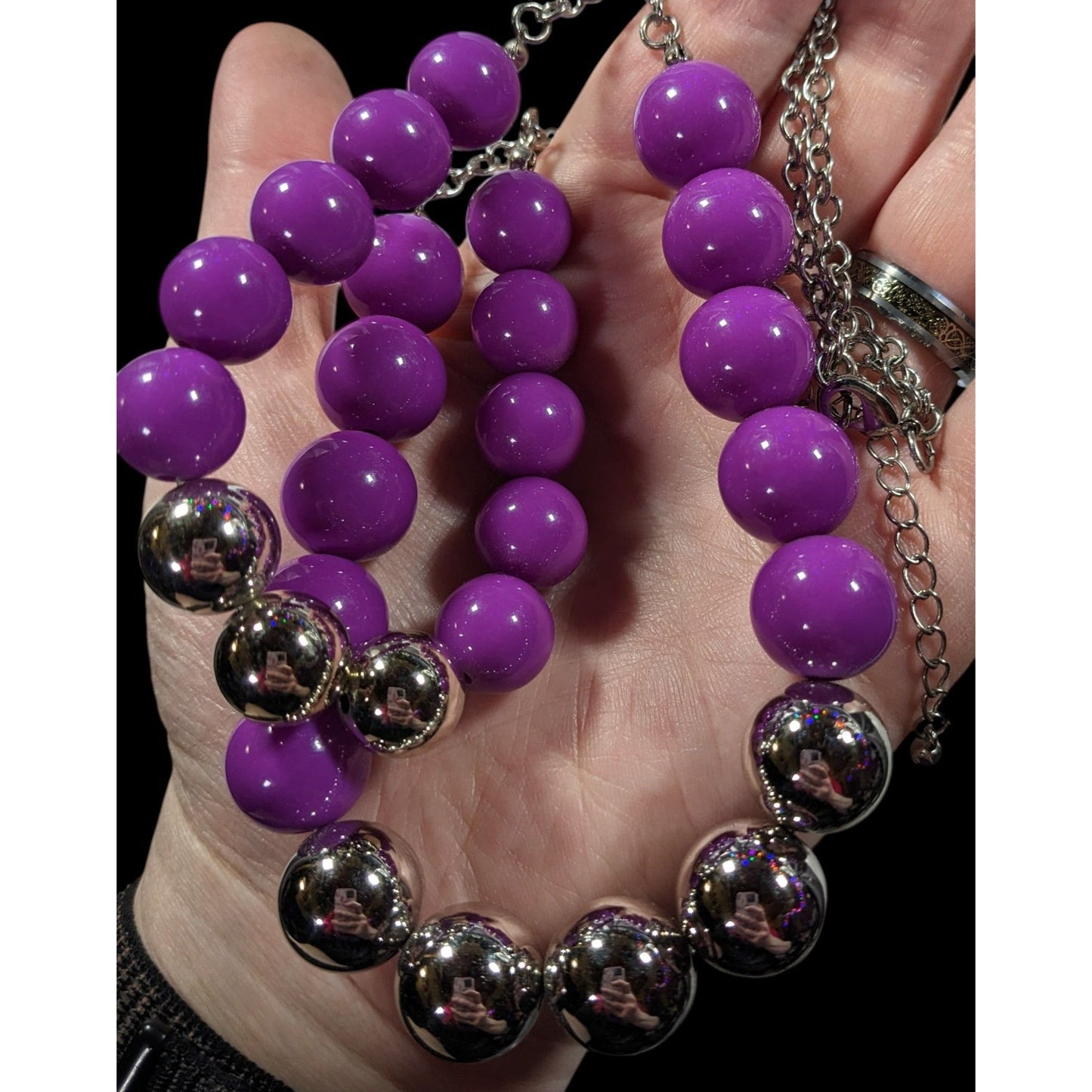 Retro 80s Style Purple And Silver Chunky Beaded Multilayer Necklace
