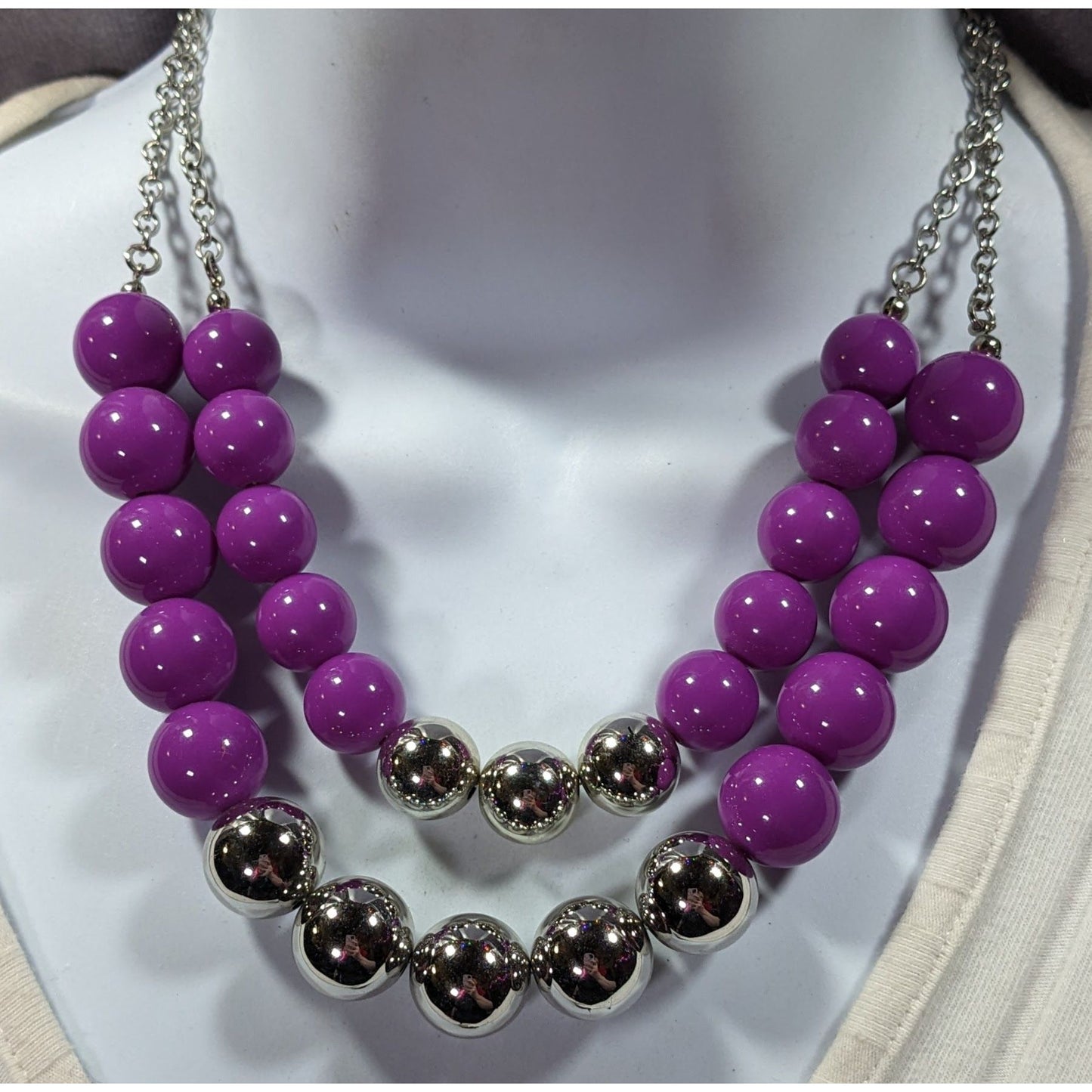 Retro 80s Style Purple And Silver Chunky Beaded Multilayer Necklace