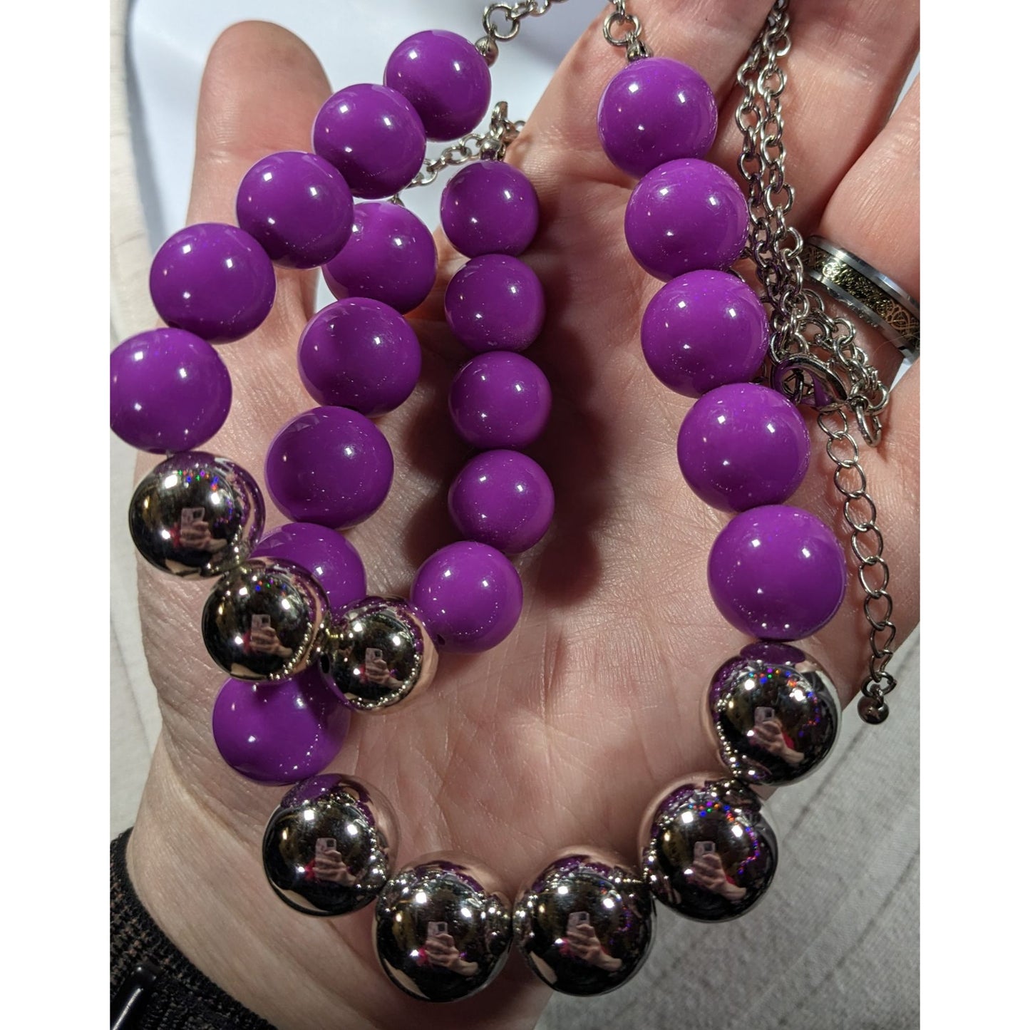 Retro 80s Style Purple And Silver Chunky Beaded Multilayer Necklace