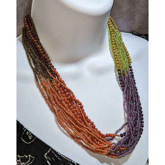 Vintage Multi Strand Seed Bead Necklace Color Block Boho Statement Jewelry
