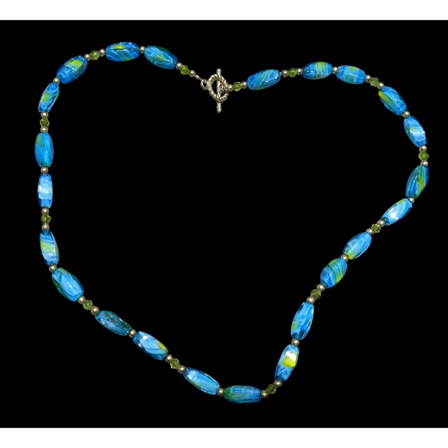 Artisan Blue Yellow Lampwork Glass Beaded Necklace With Toggle Clasp