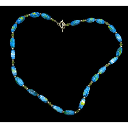 Artisan Blue Yellow Lampwork Glass Beaded Necklace With Toggle Clasp