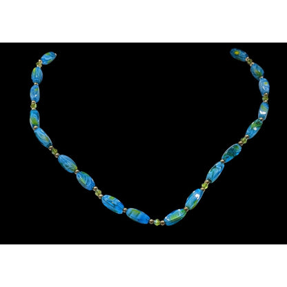 Artisan Blue Yellow Lampwork Glass Beaded Necklace With Toggle Clasp