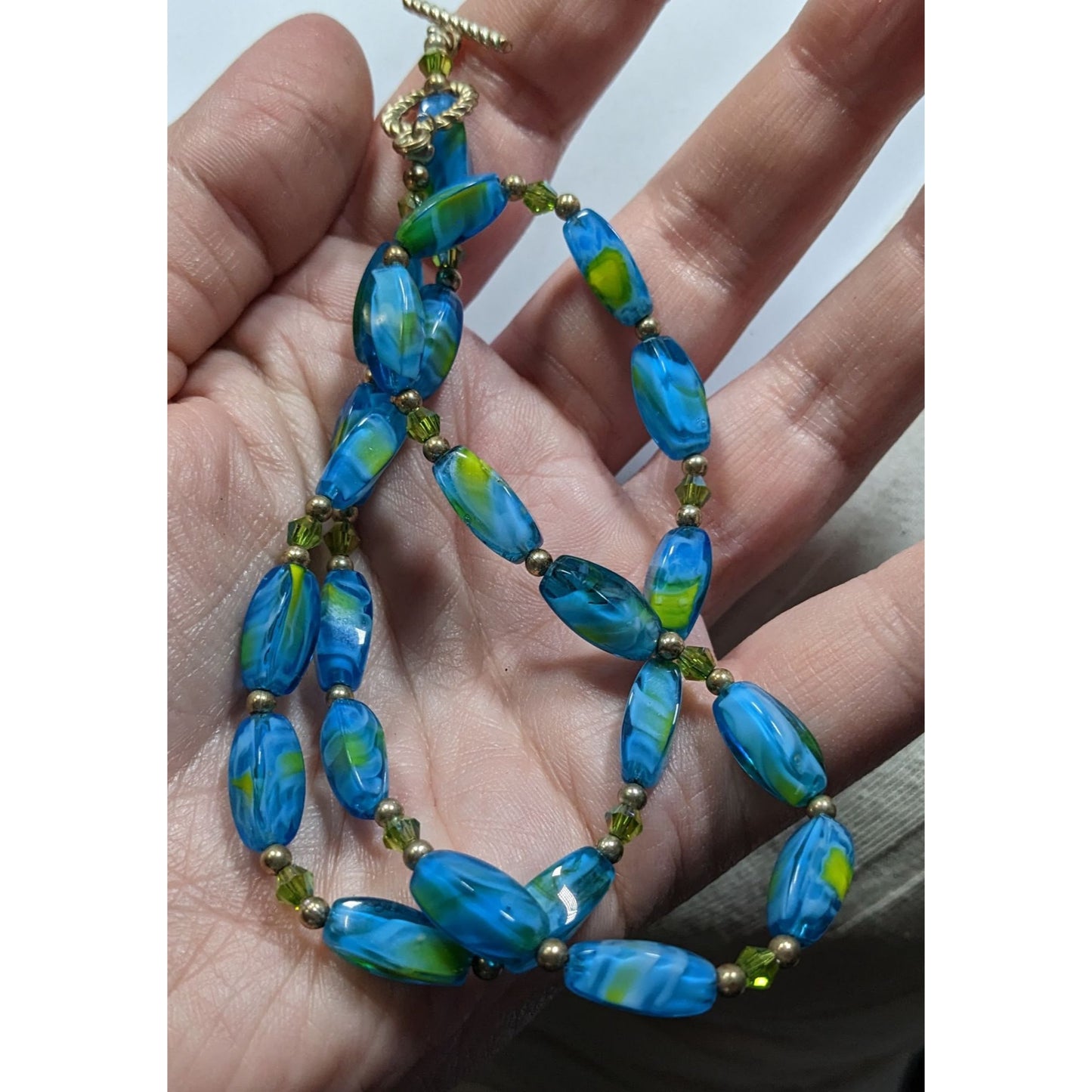 Artisan Blue Yellow Lampwork Glass Beaded Necklace With Toggle Clasp