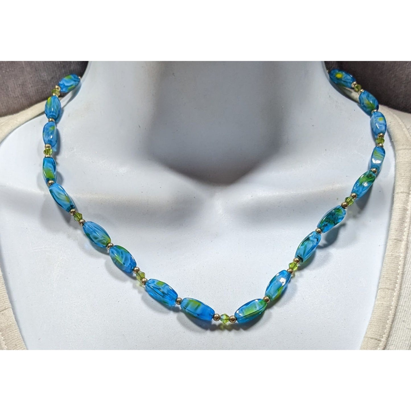 Artisan Blue Yellow Lampwork Glass Beaded Necklace With Toggle Clasp