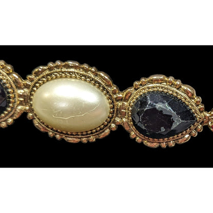 Vintage Victorian Style Gold White And Black Gemmed Brooch