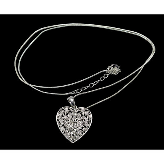Coquette Floral Heart Filigree Silver Tone Pendant Necklace