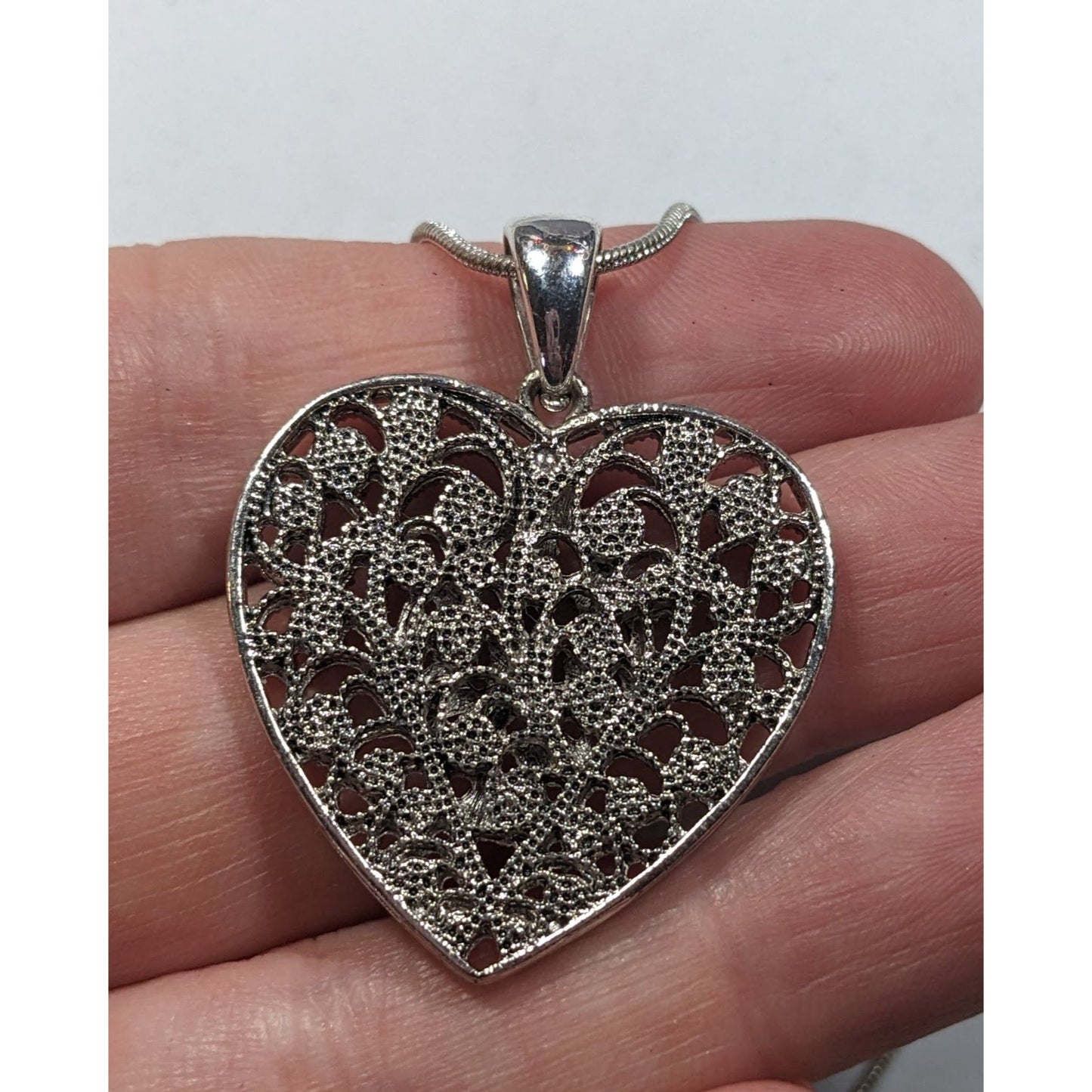 Coquette Floral Heart Filigree Silver Tone Pendant Necklace