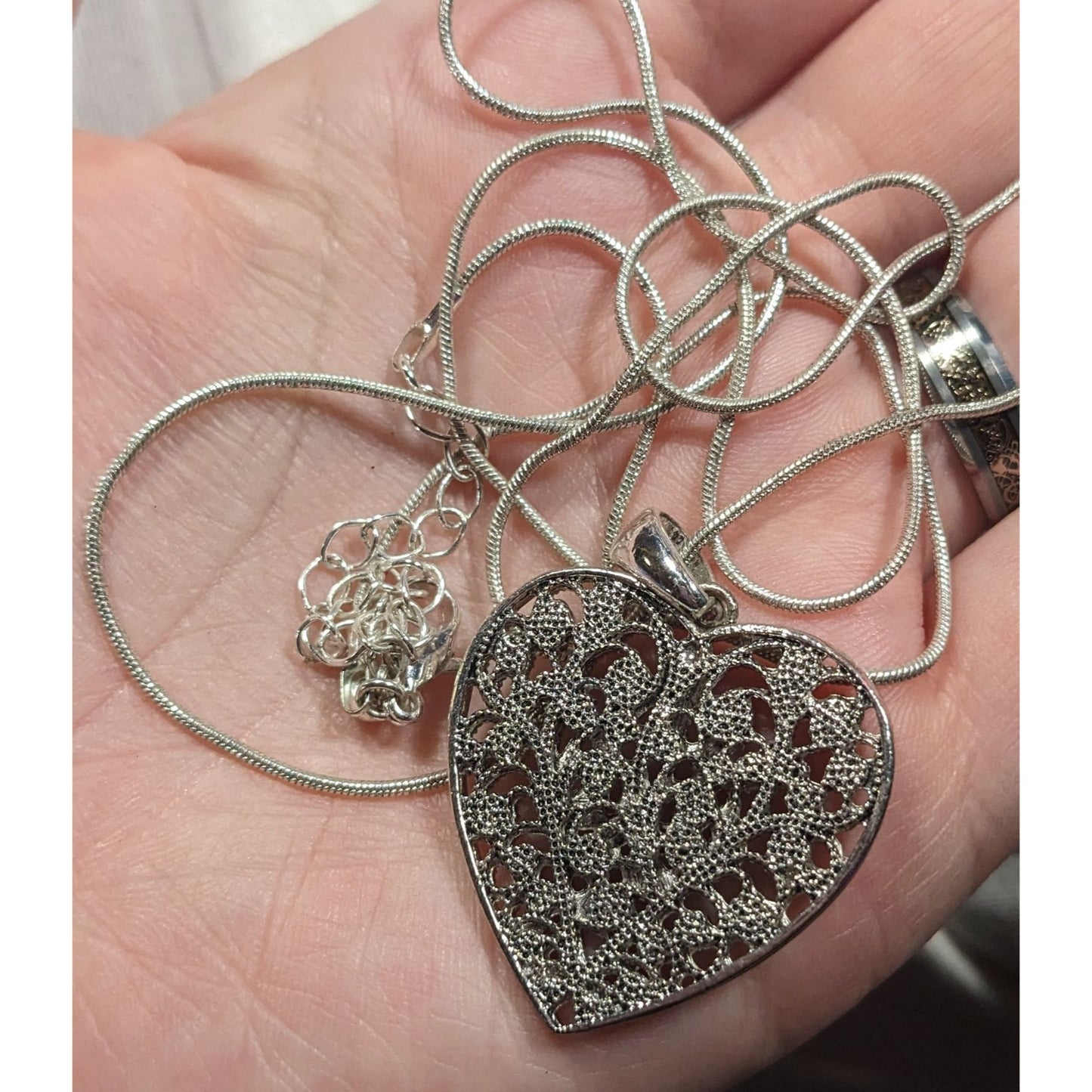 Coquette Floral Heart Filigree Silver Tone Pendant Necklace