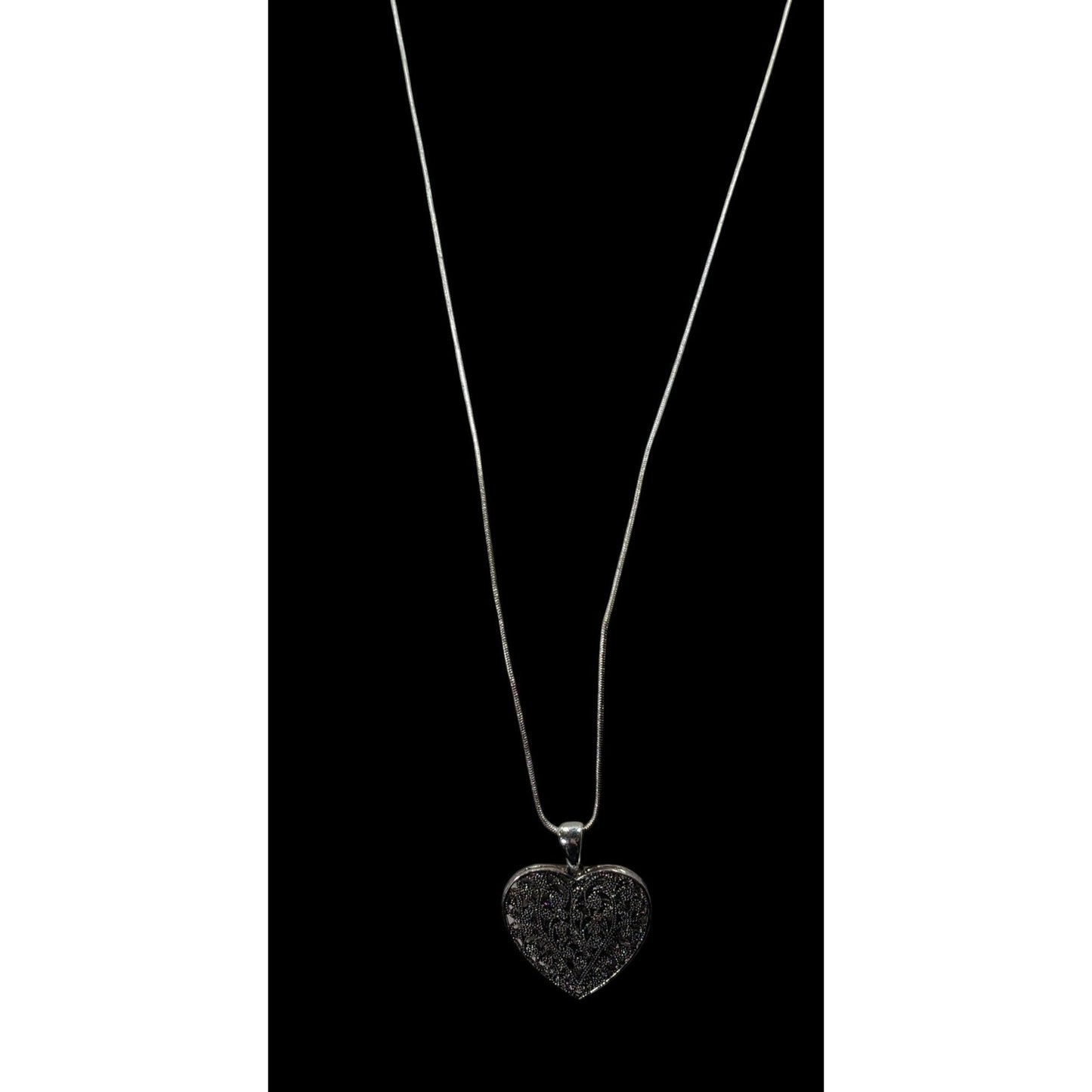 Coquette Floral Heart Filigree Silver Tone Pendant Necklace