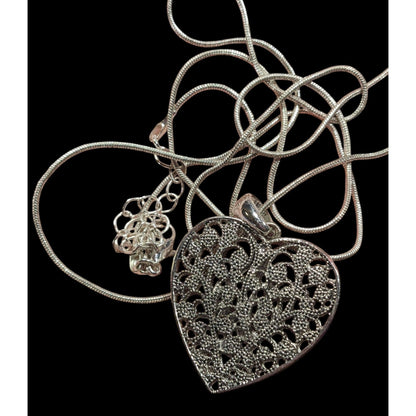 Coquette Floral Heart Filigree Silver Tone Pendant Necklace