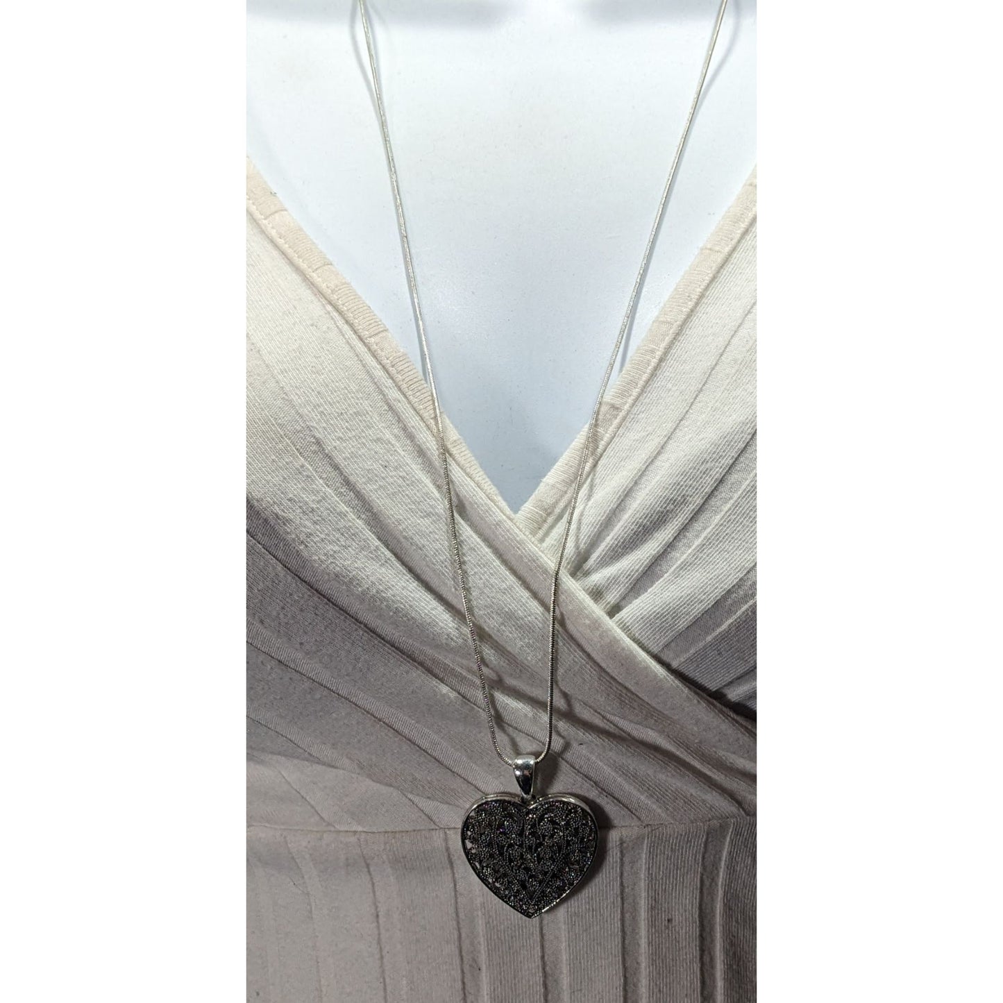Coquette Floral Heart Filigree Silver Tone Pendant Necklace