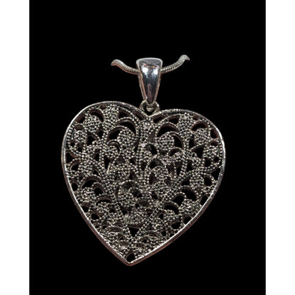 Coquette Floral Heart Filigree Silver Tone Pendant Necklace