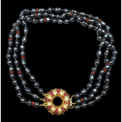 Vintage Elegant Freshwater Pearl Necklace With Red Gems and Gold Tone Embellishment