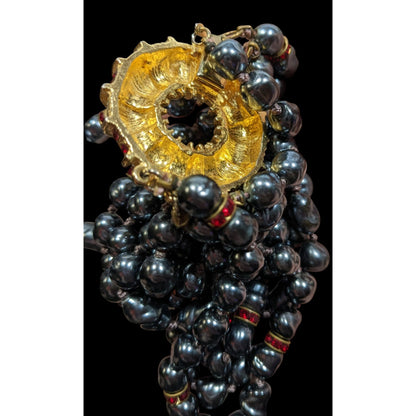 Vintage Elegant Freshwater Pearl Necklace With Red Gems and Gold Tone Embellishment