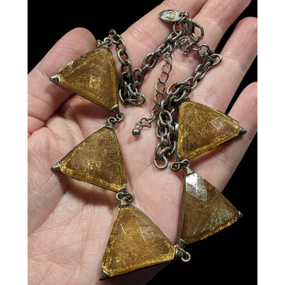 Charming Charlie Art Deco Style Gold Tone Rutilated Triangle Necklace