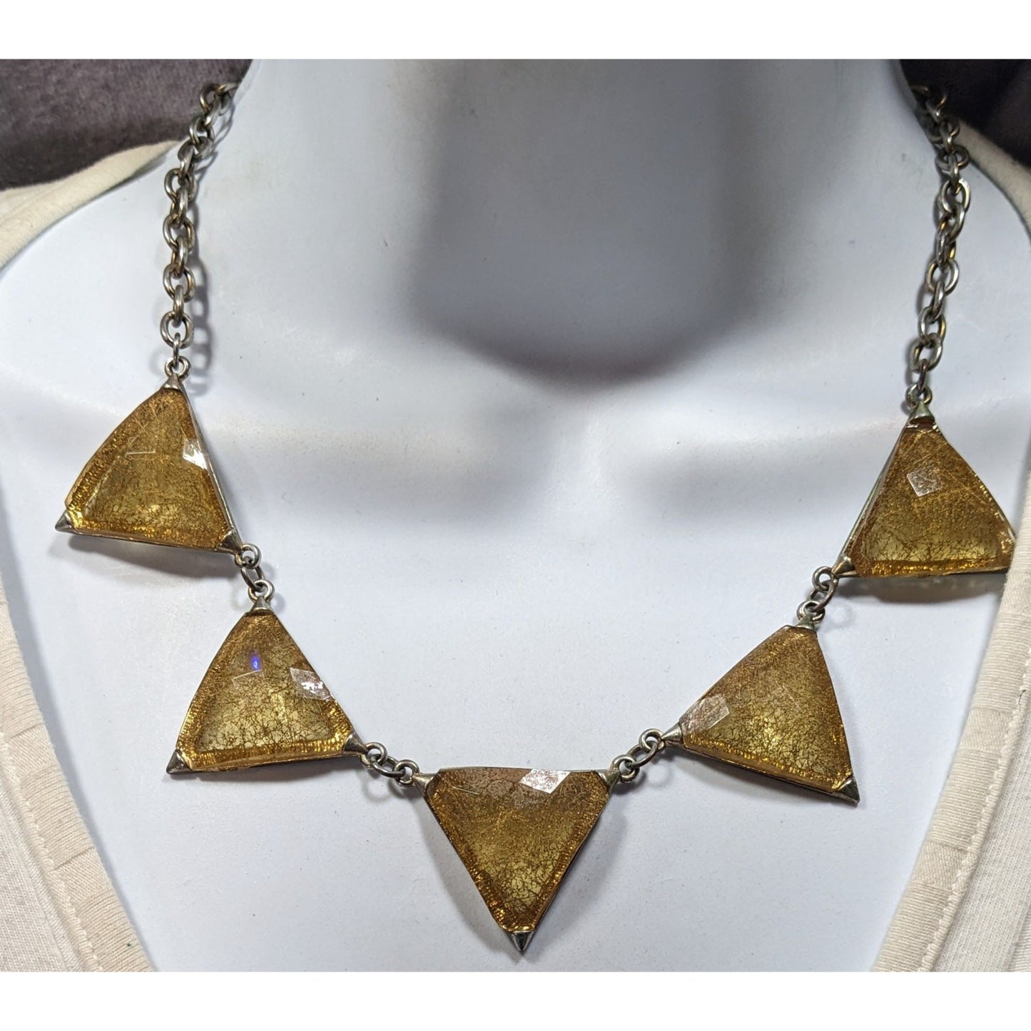Charming Charlie Art Deco Style Gold Tone Rutilated Triangle Necklace