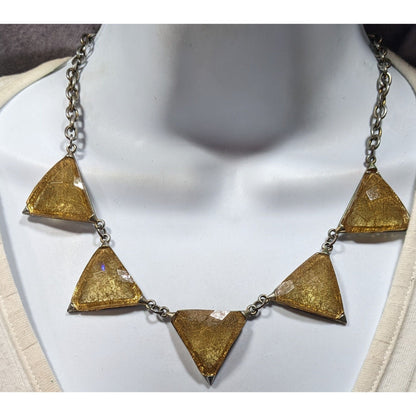 Charming Charlie Art Deco Style Gold Tone Rutilated Triangle Necklace