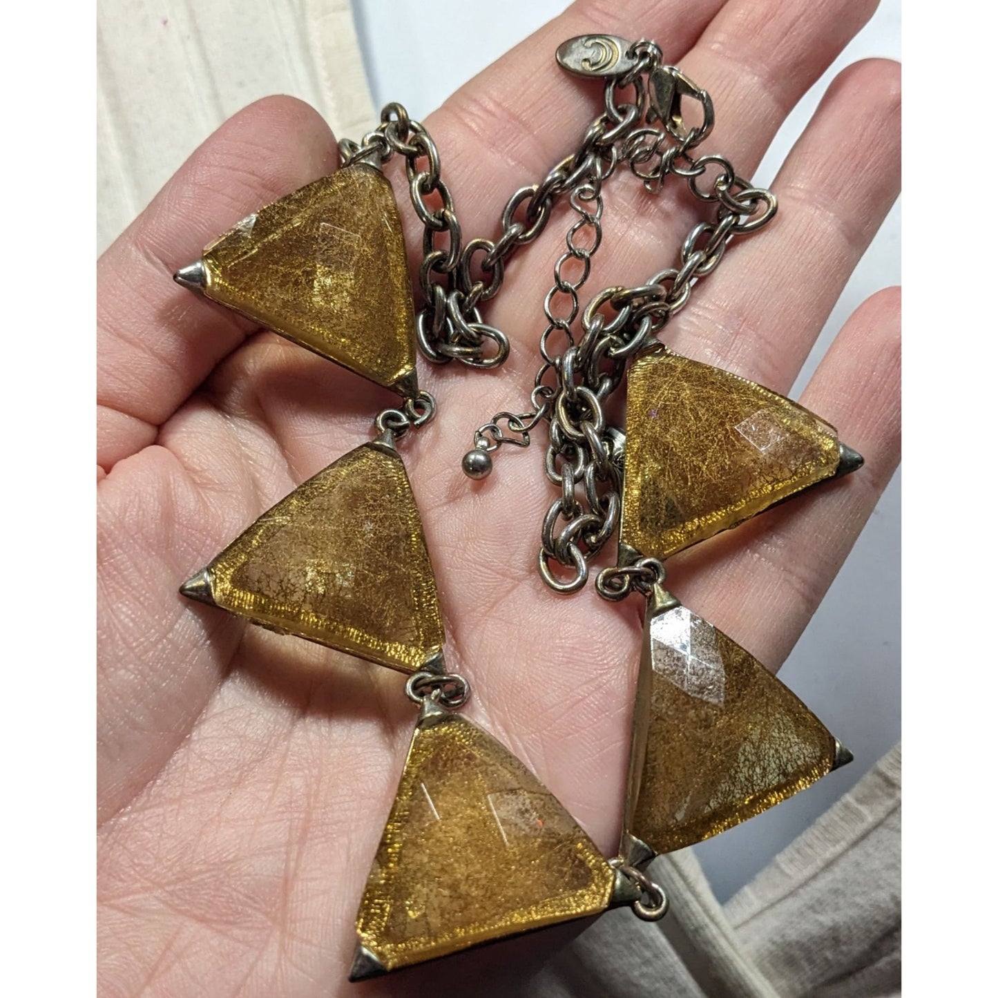 Charming Charlie Art Deco Style Gold Tone Rutilated Triangle Necklace