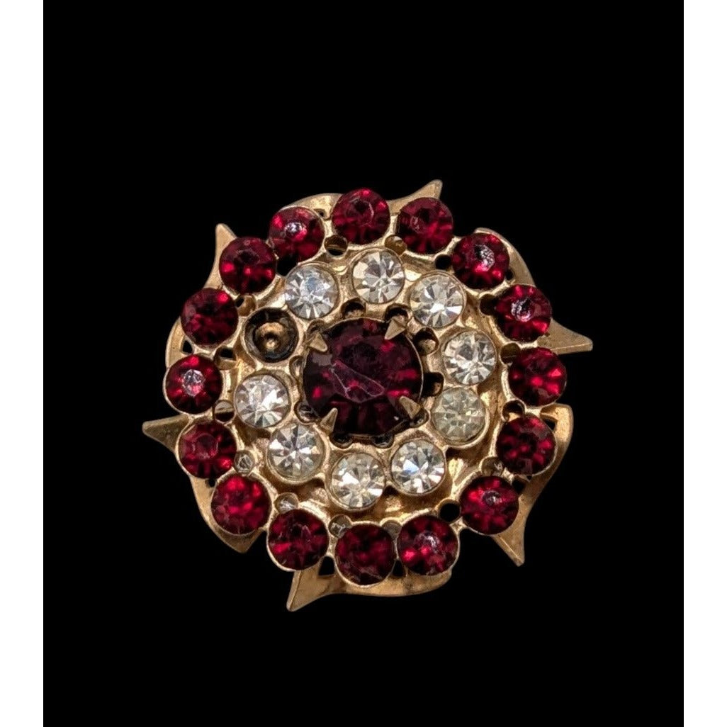 Vintage Regal Floral Brooch Gold Tone With Red And Clear Gems