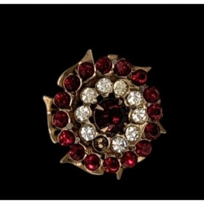 Vintage Regal Floral Brooch Gold Tone With Red And Clear Gems