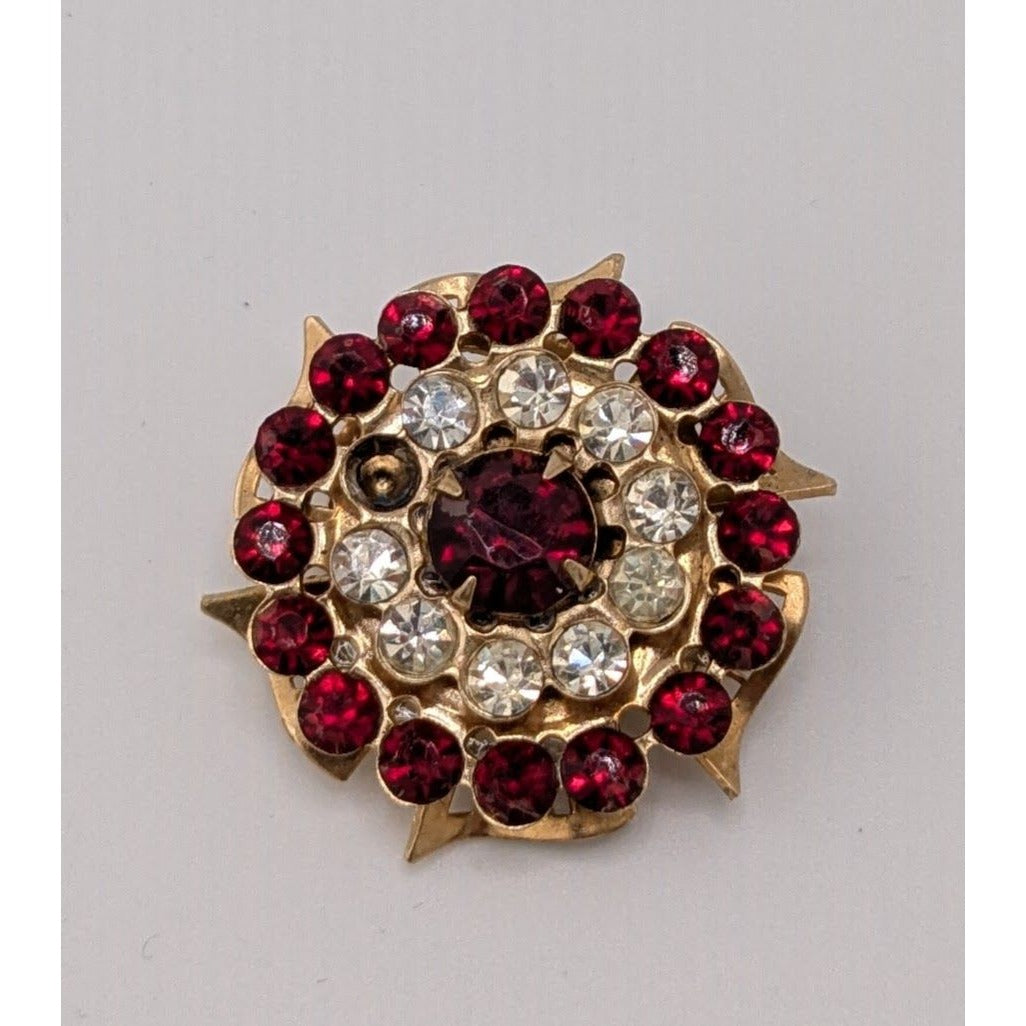 Vintage Regal Floral Brooch Gold Tone With Red And Clear Gems