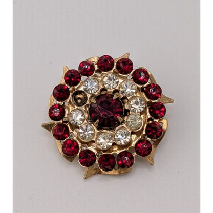 Vintage Regal Floral Brooch Gold Tone With Red And Clear Gems